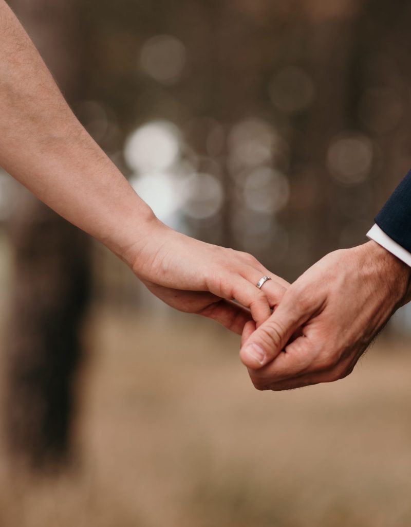 A couple holding each others' hands during the wedding ceremony suit